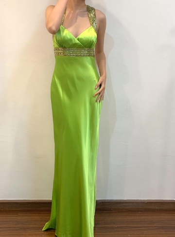 Vintage Sheath Strap Beaded Sequin Green Satin Open Back Prom Dress Evening Dress HZ1023